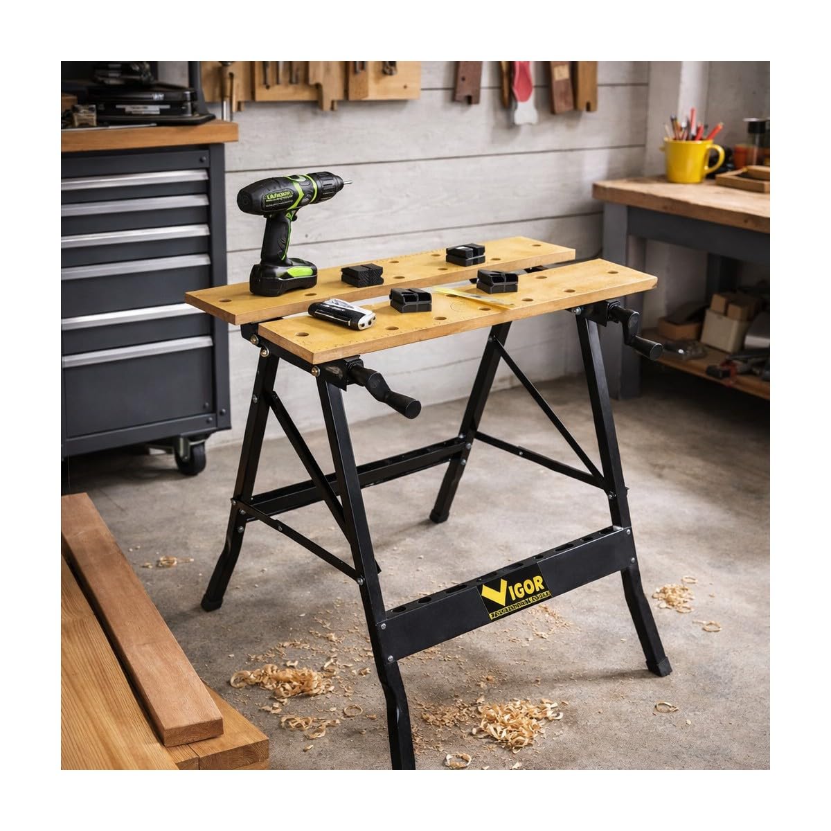 Intec – Banco de trabajo plegable multiposición, carga 150 kg – Mesa de trabajo portátil con tornillo de banco de ajuste de 20 a 35 cm DIY aserrado talleres