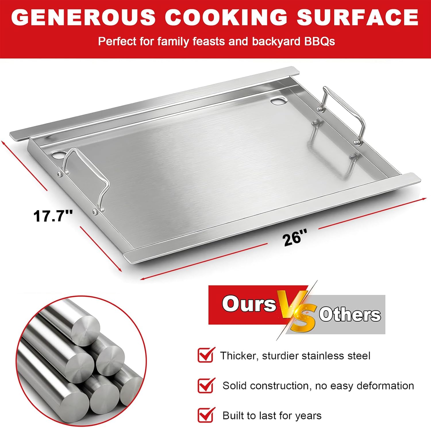 Full-Size Griddle Insert for Napoleon 500 Grills, 26" x 17.7" Flat Top Griddle for Napoleon Prestige/Prestige PRO/Built-In 500 Series/Rogue 525, Heavy-Duty Stainless Steel Grill Accessory Replacement