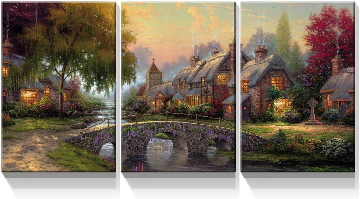 Denozer 3 Panels Classic American Countrystyle Canvas Wall Art 12x16 inch Thomas Kinkade Garden Landscape Painting for Living Room Modern Landscape Prints for Home Decor
