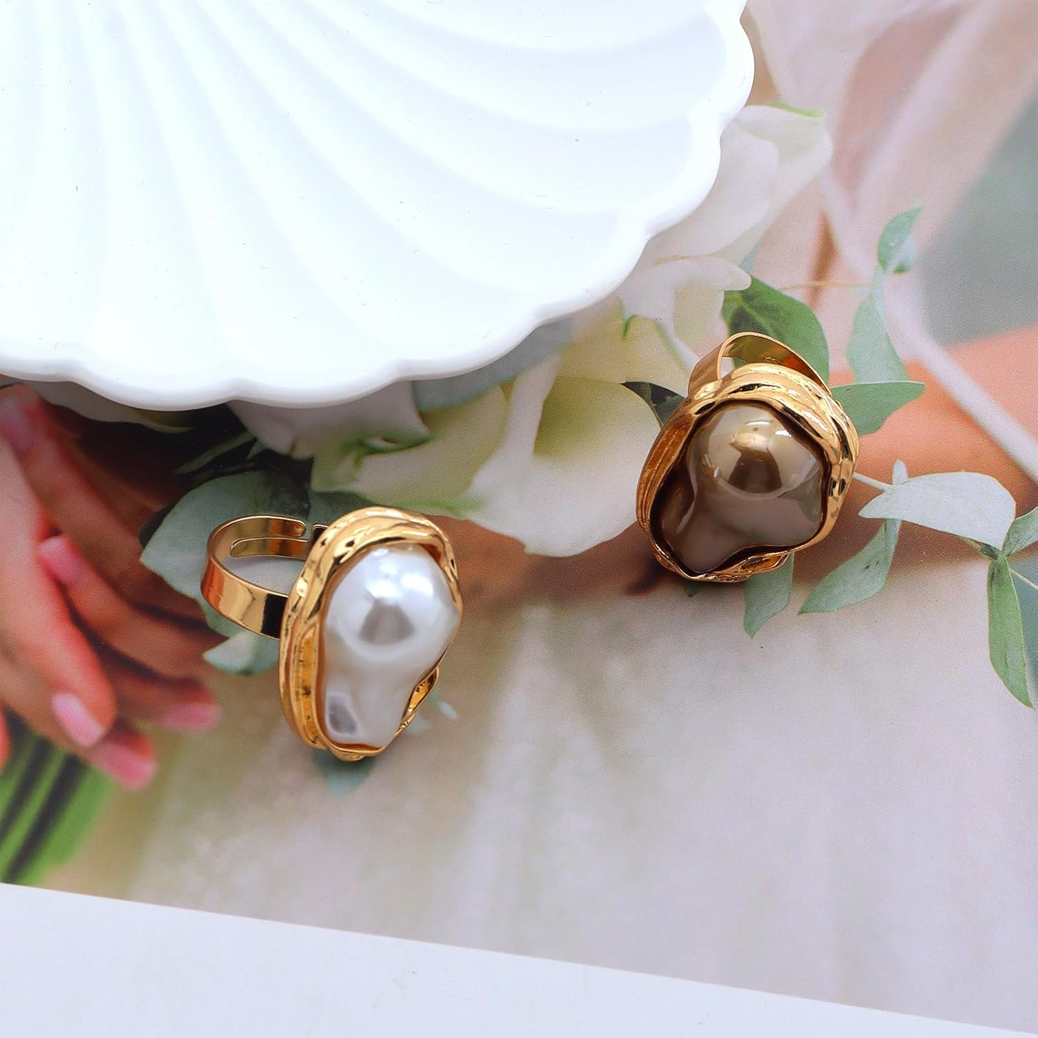 Vintage Pearl Rings for Women,Chunky Gold Statement Stacking Rings Adjustable Large Baroque Pearl Open Ring Set,Boho Everyday Jewelry Accessories - Image 5