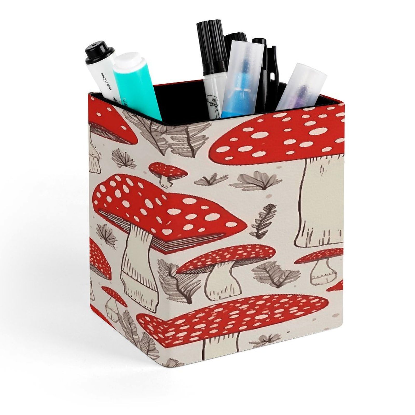 VstaDank Red White Mushroom Pen Holder Square Pencil Holder Leather Pencil Cup Pen Organizer Makeup Brush Holders Pen Cups Desktop Stationery Organizer for Home Office Desk Organizers