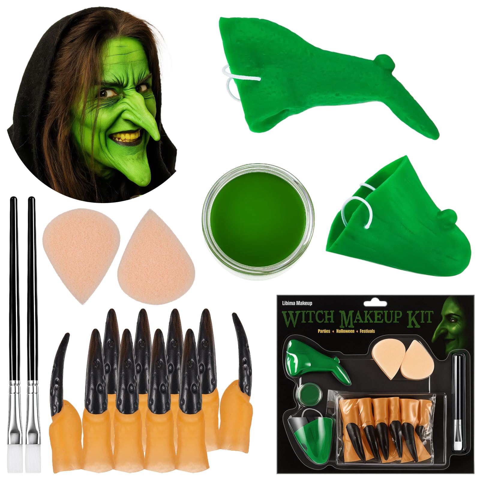 Libima Kit de maquillaje de bruja de Halloween de 17 piezas, nariz y barbilla de bruja falsa, 10 uñas largas negras, pintura facial, esponja de maquillaje y pincel, accesorios de disfraz de efectos