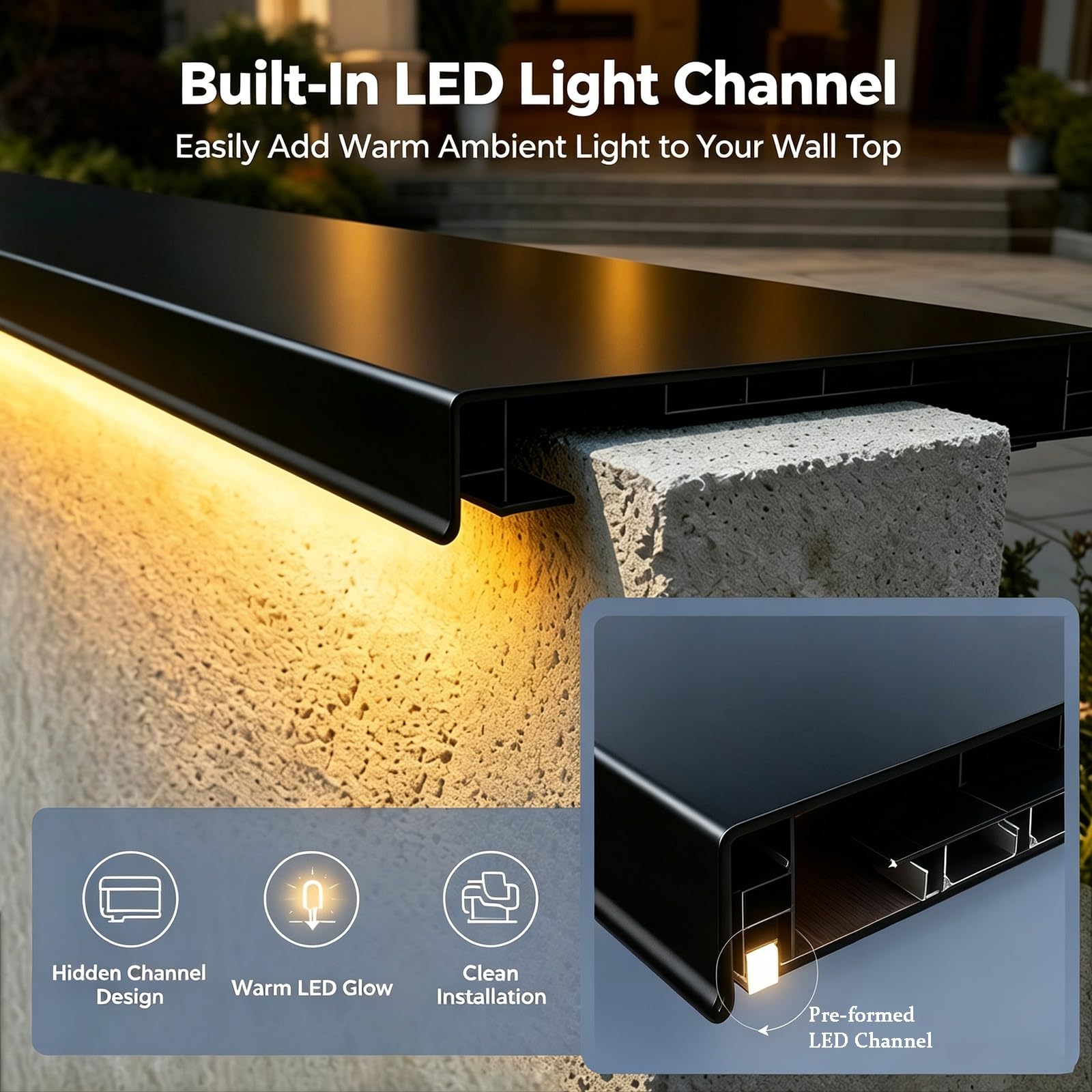 Caballete metálico de protección resistente a la intemperie, hecho a medida | Placa de tapa de pared de valla empalmable rectangular con canales de luz para paredes de piedra(L 78 7/10'',Fits Wall T 9")