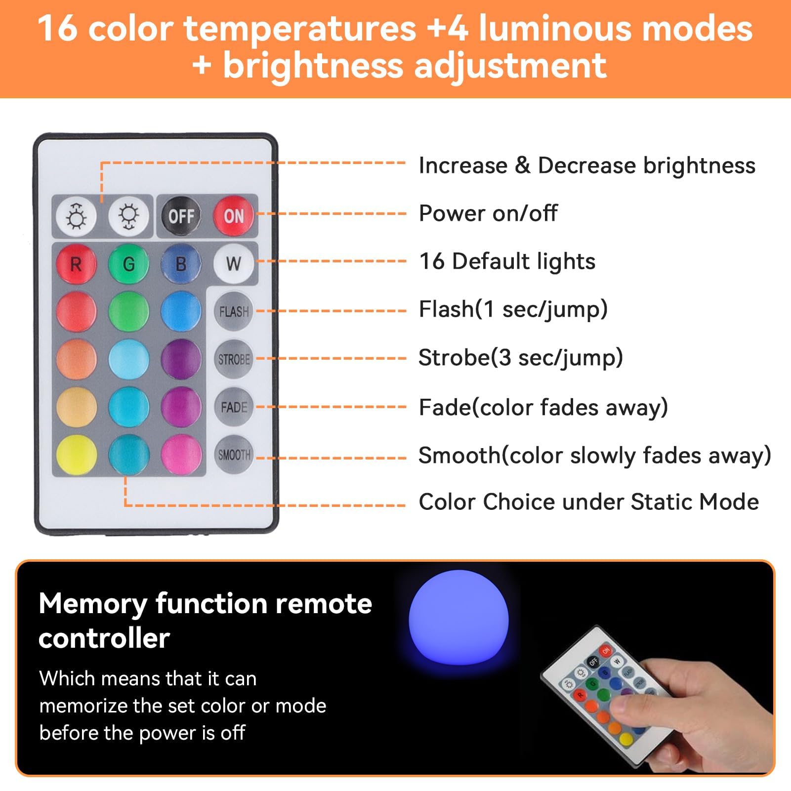 Boule lumineuse LED, lampe boule, lampe globe RGBW Lampe LED Globe Light Moon Light Lampe à piles avec télécommande 24 touches 16 couleurs à intensité variable 4 modes