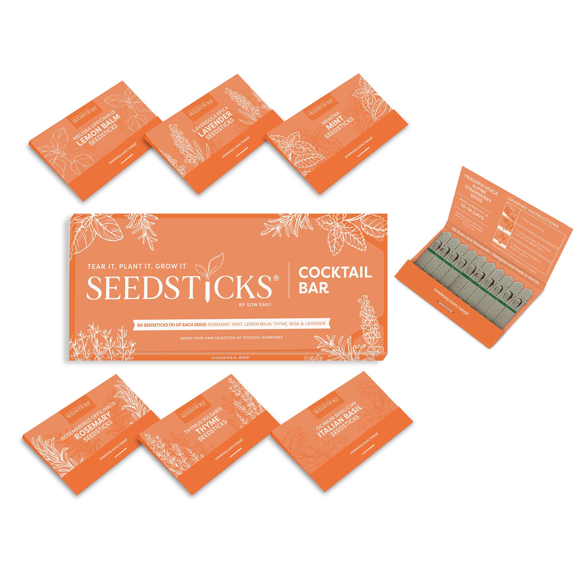 Seedsticks Cocktail Bar Herb Garden Kit - Grow Your Own Cocktail Garnish Herbs - Mint, Basil, Rosemary, Thyme, Lavender & Lemon Balm - Easy Indoor Herb Growing Gift for Foodies & Mixology Lovers
