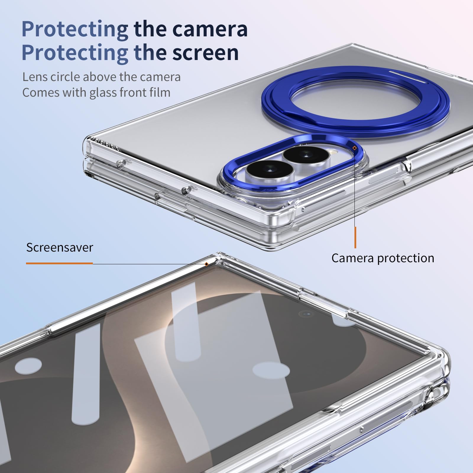 Transparente Schutzhülle für Samsung Galaxy Z Fold 8, magnetischer Ringhalter, 360° drehbarer Ständer, Displayschutzfolie, dünn, Anti-Vergilbung, Anti-Fingerabdruck, Blau