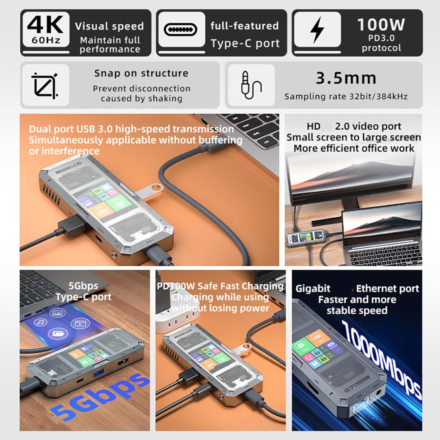 HDTV 出力付きマルチポート USB C アダプタ RJ45 イーサネット PD100W 充電スロット 3.5 ミリメートル US