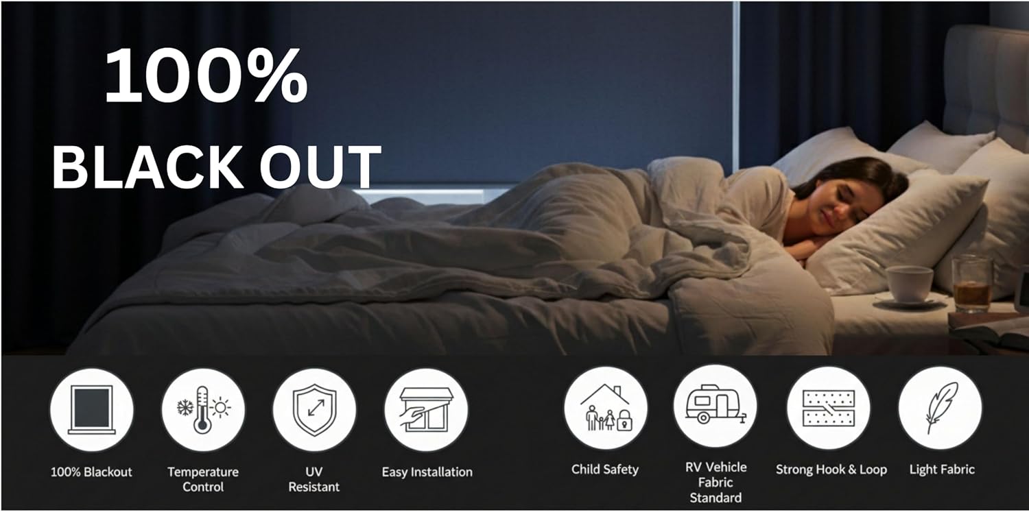 Dream Deeper 100% Blackout Shades, for Bedroom, No Drill Window Curtains, Portable Window Blinds, Blackout Blinds with Hook and Loop Fasteners, for Travel to go, Dark Room(57" x 118")