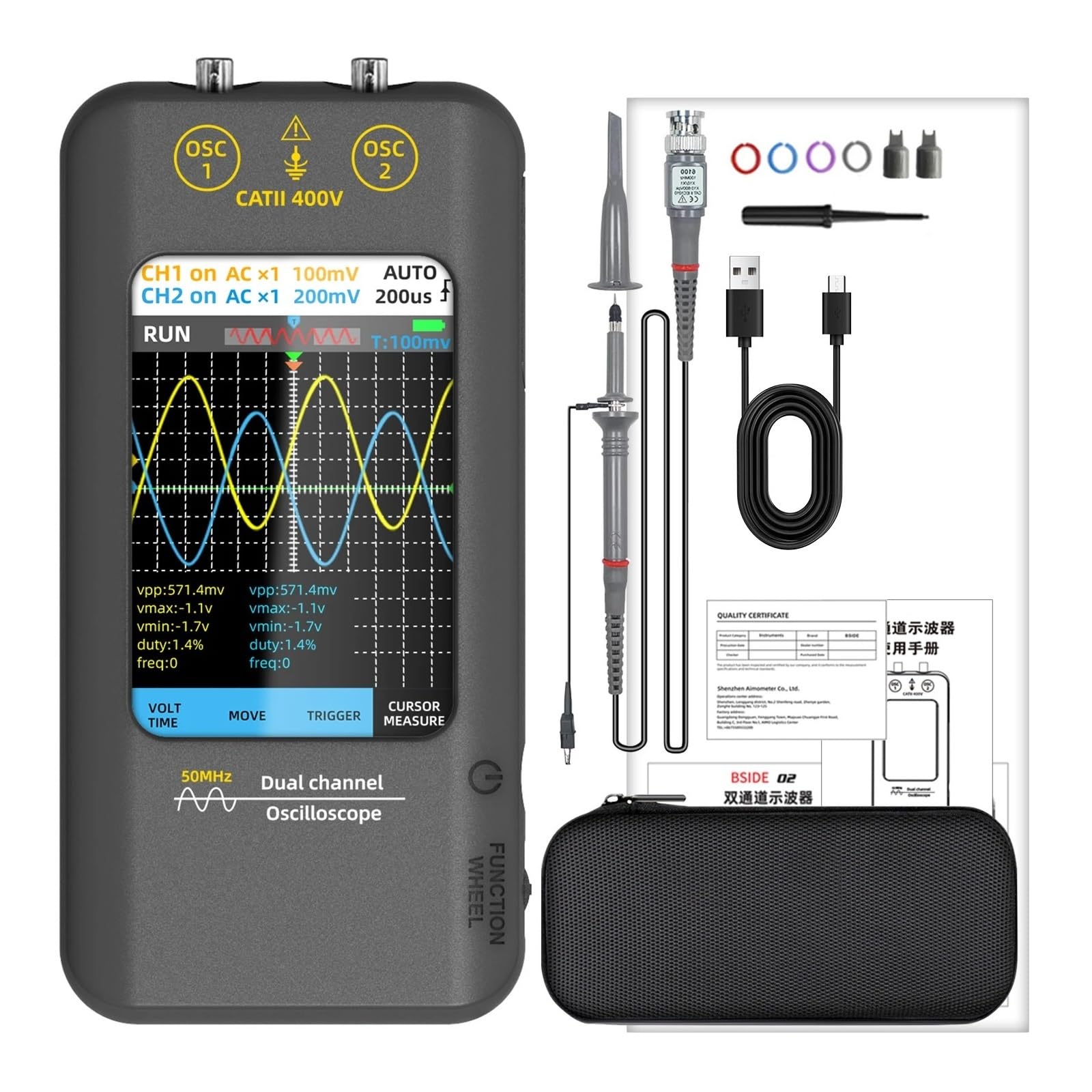 Osciloscopios, Osciloscopio profesional con pantalla táctil de 3,98", generador señal 2 canales 50 MHz