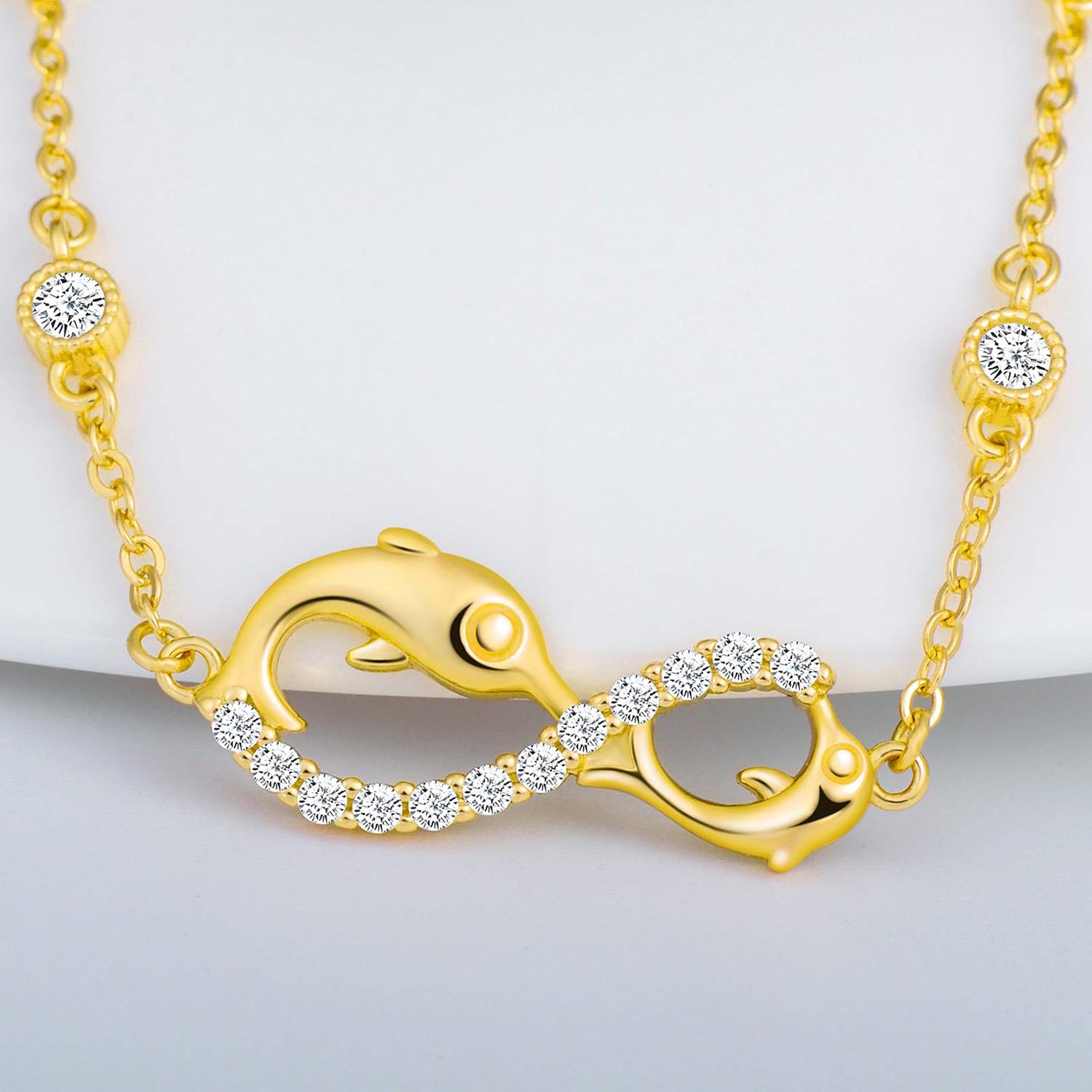 INFINIONLY Women's Girl's 925 sterling silver Bracelet, Cute dolphin infinity symbol bracelet, Inlaid zircon, gold - Image 5