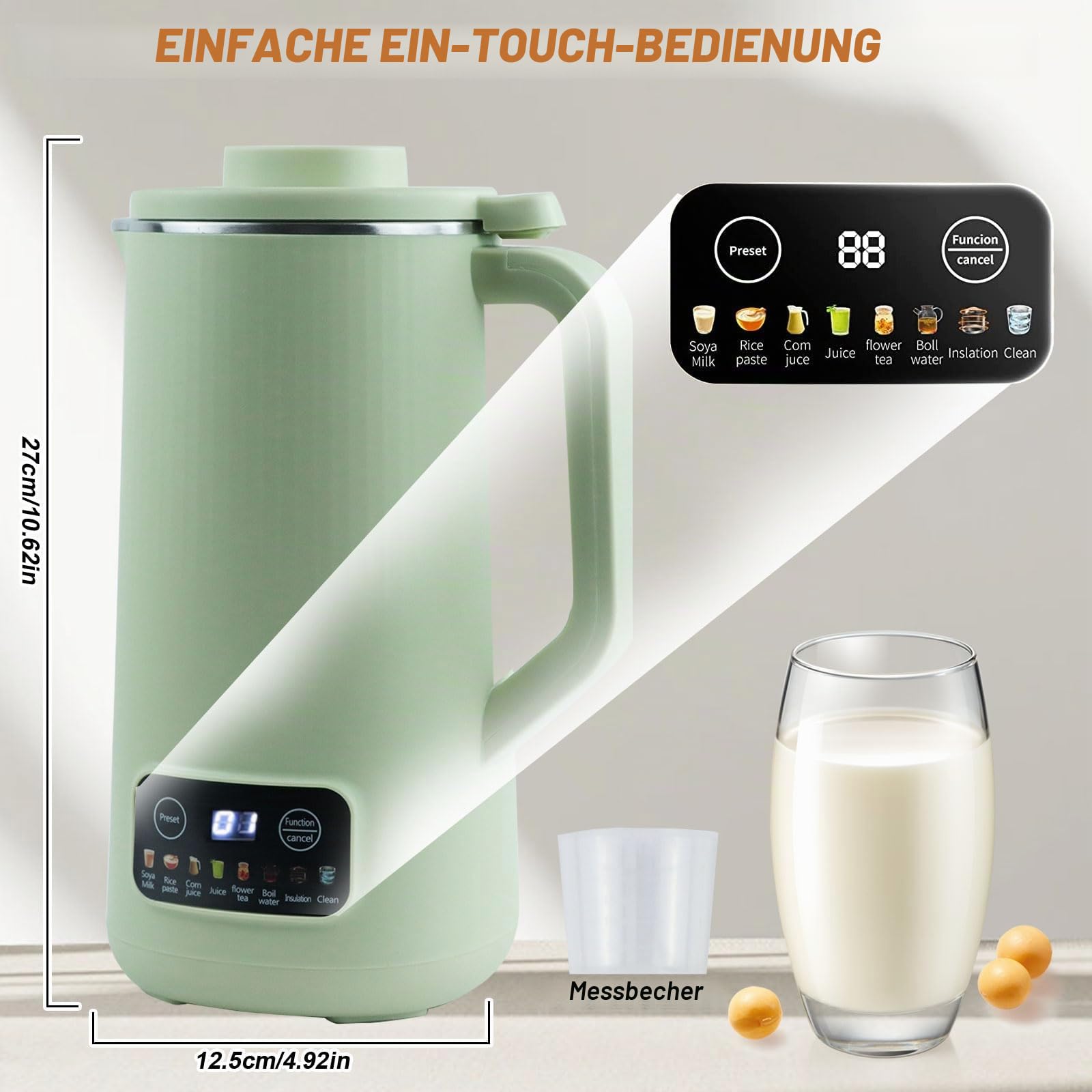 Sojamilch Hersteller, 600ml Nussmilchmaschine Entsafter Sojamilch Maschine mit 10 Klingen Hafermilch Maschine mit Verzögerungsstart/Warmhalten/Selbstreinigung für Nüsse Sojabohnen Getreide (Grün)