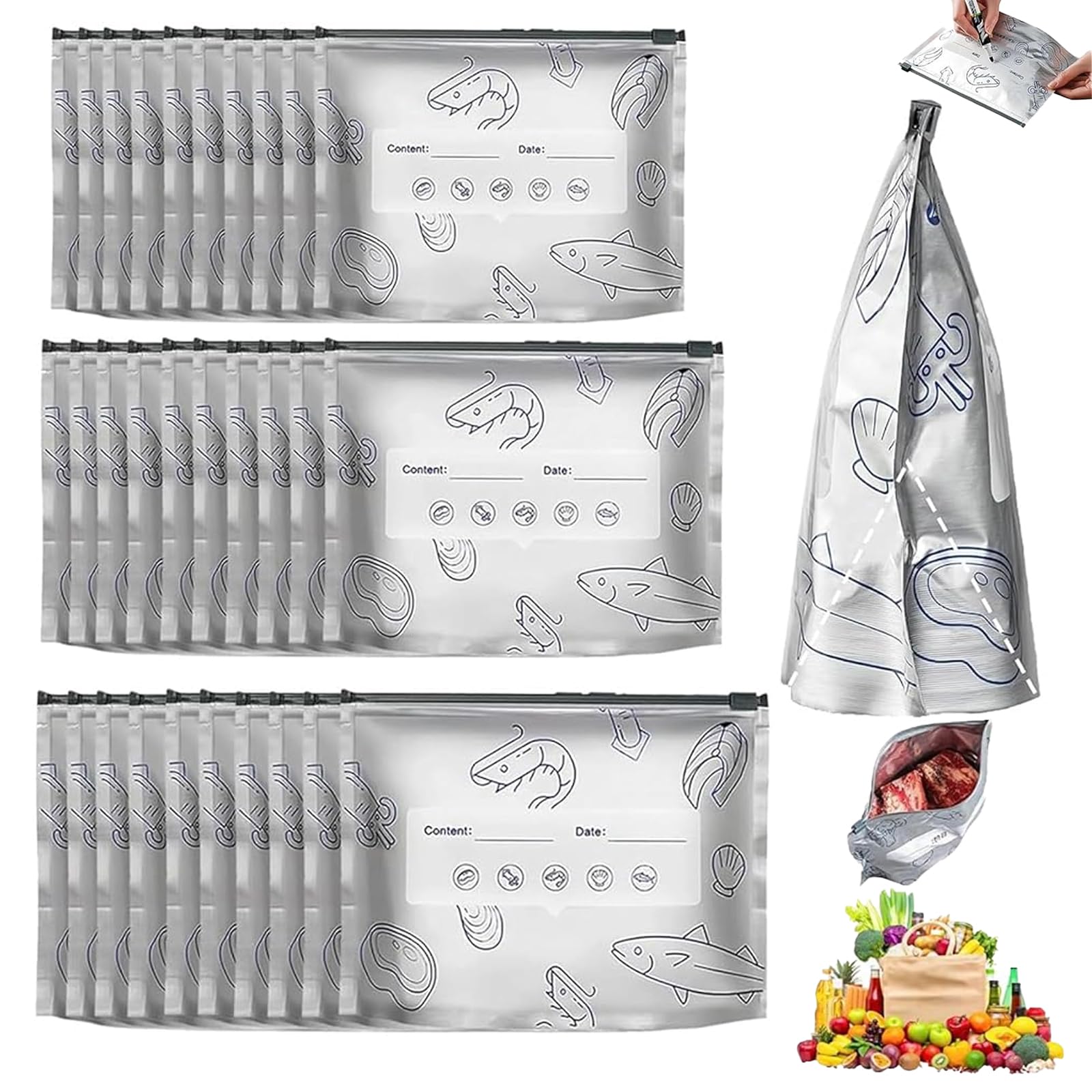 30 Pcs Aluminium Foil Bags, Reusable Freezer Bags with Ziplock, 3 Sizes Food Storage Bags for Meal Prep, Freezing, Travel & Picnics