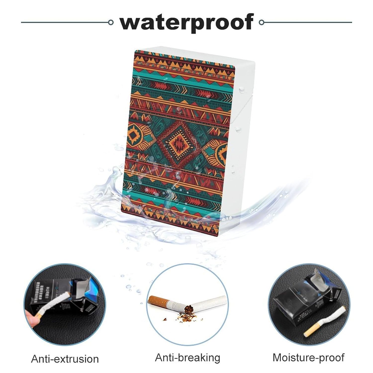 Ethnic Geometric Pattern Cigarette Case for King Size Retro Holder Case with Exquisite Carved Patterns Box 20 Regular Size Cigarettes