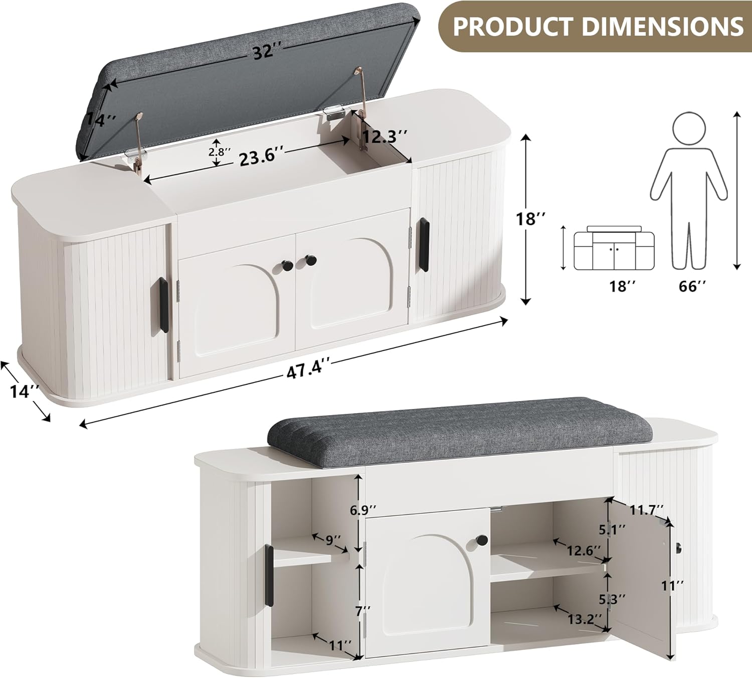 Einhomn 47.2'' Sliding Door Entryway Shoe Storage Bench with Seat Cushion, Shoe Rack with Lift-Top Hidden Storage & Adjustable Shelf, Bench for Bedroom End of Bed, White