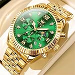 OLEVS Watches for Men Luxury Gold Chronograph Waterproof Stainless Steel Mens Watches Big Face Moon Phase Watch for Men Analog Watches Men (Gold/White/Black/Green)