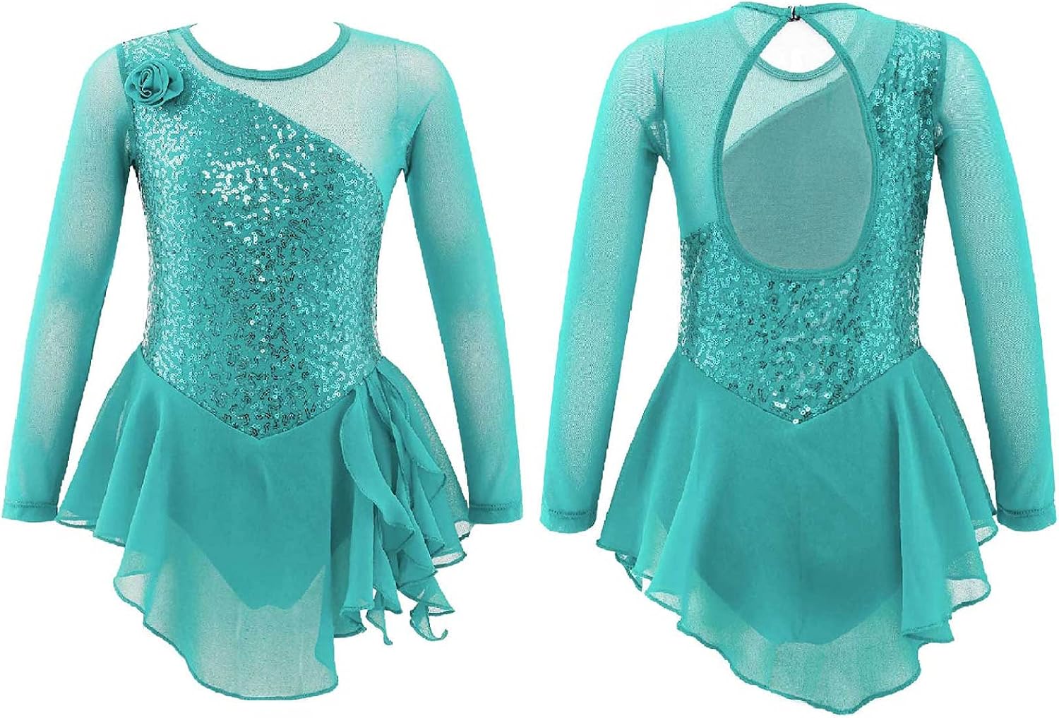 Loyan Girls Sequins Roller Ice Figure Skating Dress Mock Neck Gymnastics Dancewear Long Sleeve Ballet Dance Tutu Skirt
