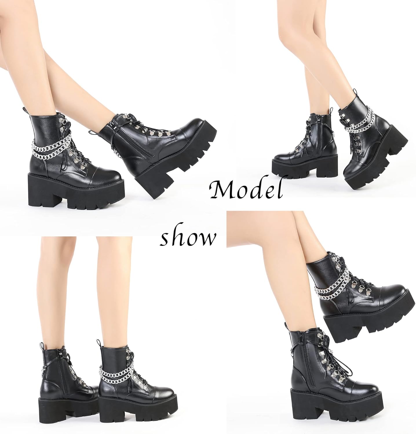 Womens Platform Boots Round Toe Chunky Ankle Boots Punk Boots Lace Up&Zipper Combat Boots - Image 6
