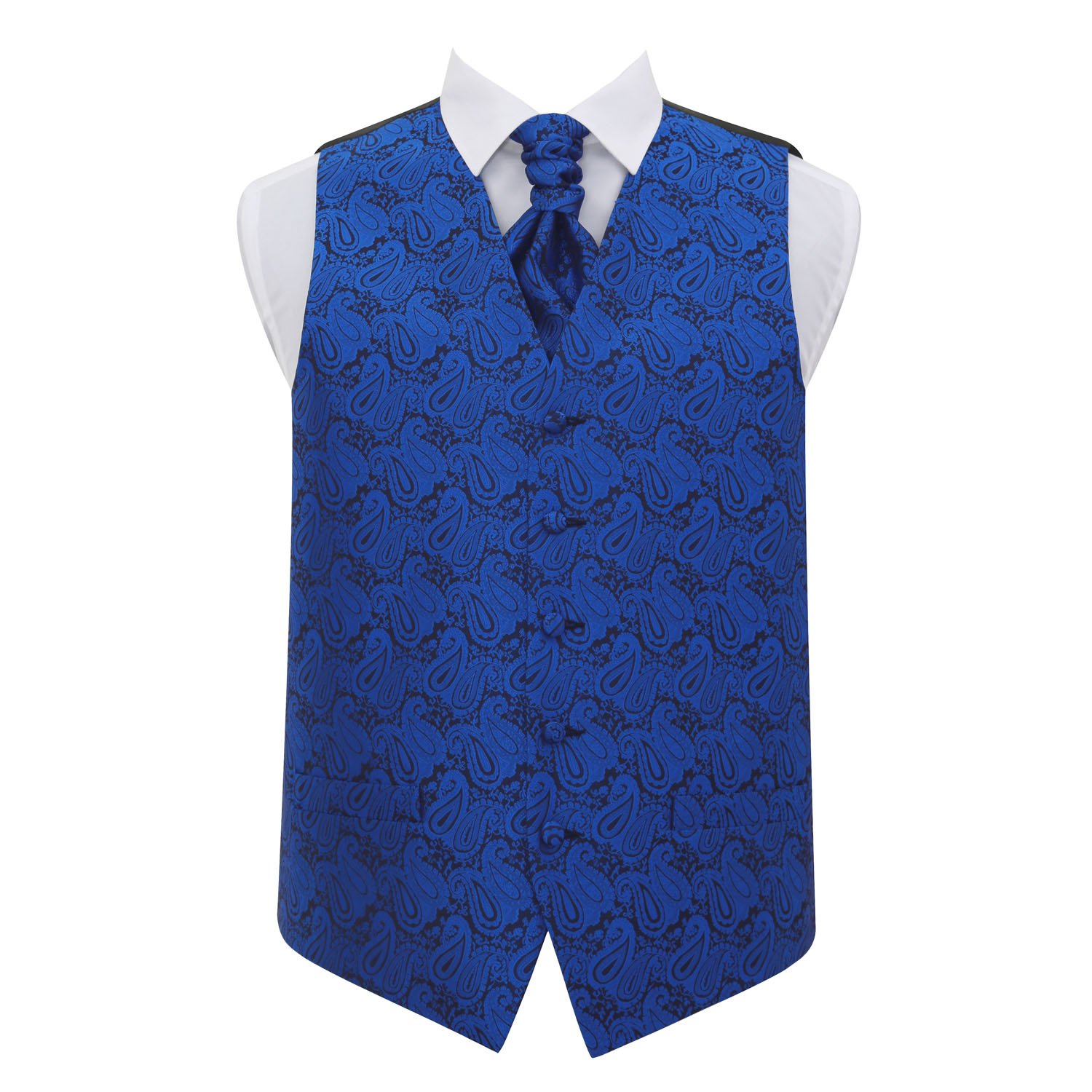 Dqt Men's Royal Blue Paisley Floral Waistcoat & Pre-Tied Scrunchie Cravat Set (2Pc) - Wedding, Business & Formal Suit Vest - 50" (5Xl)