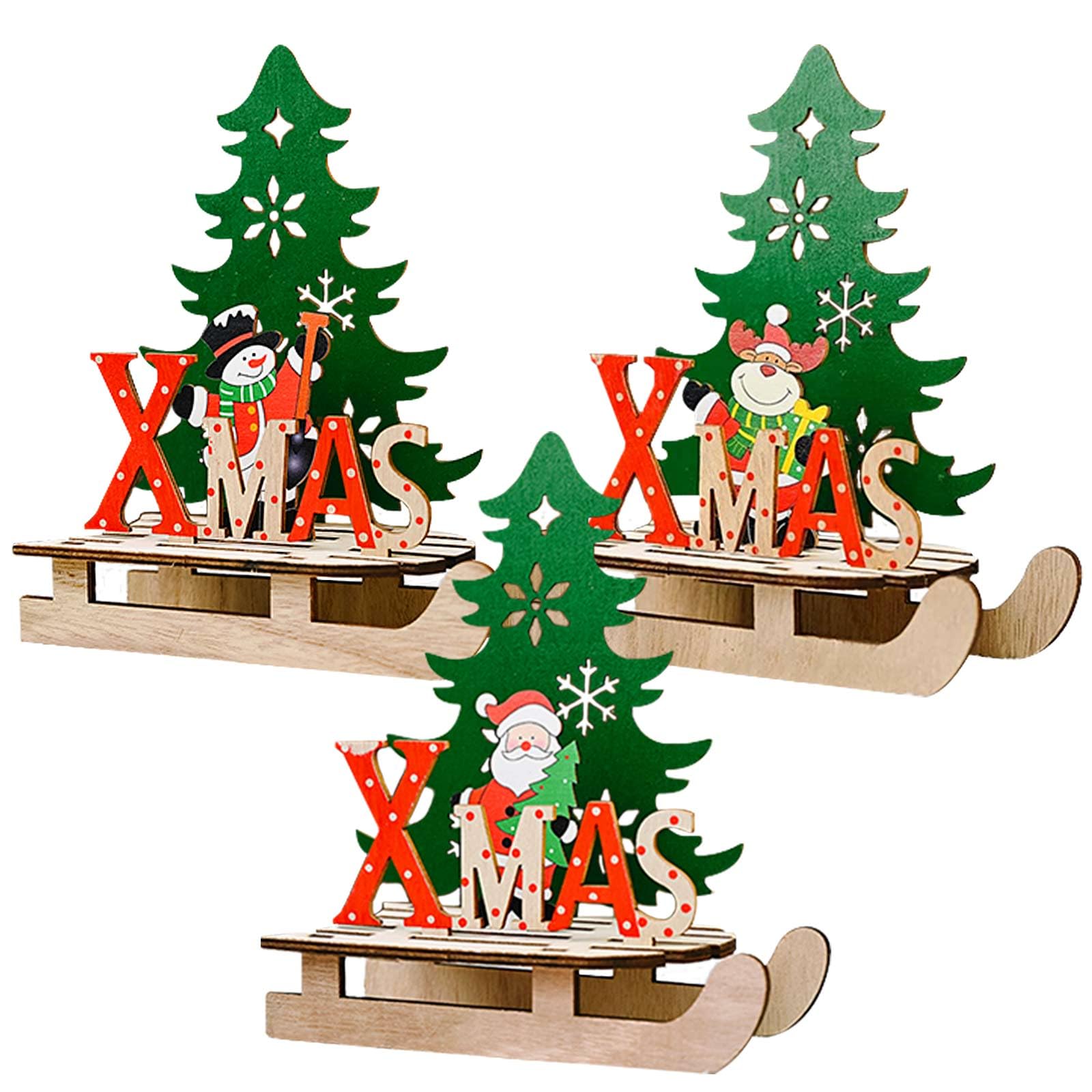 HOOPOE Adornos Navidad Madera,Adornos Navideños para la Mesa con Letras de Madera, Decoracion Mesa Navidad,3 Piezas Bricolaje Decorativas Figuras de Navidad Trineo Letras de Madera en 3D