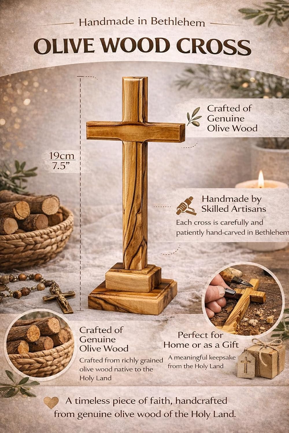 Zuluf Olive Wood Standing Cross 7.5 Inch Baptism Christening RCIA Godparent Sponsor Gift, Hand Carved Holy Land Sacrament Keepsake, Christian Convert Faith Tabletop Present