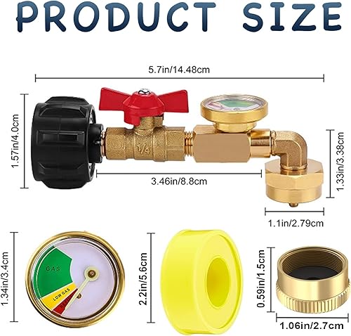 Miniatura 3 de Adaptador de recarga de propano para tanques de 1 libra, convertidor de latón macizo de 90 grados de 20 libras a 1 libra con válvula y medidor, se