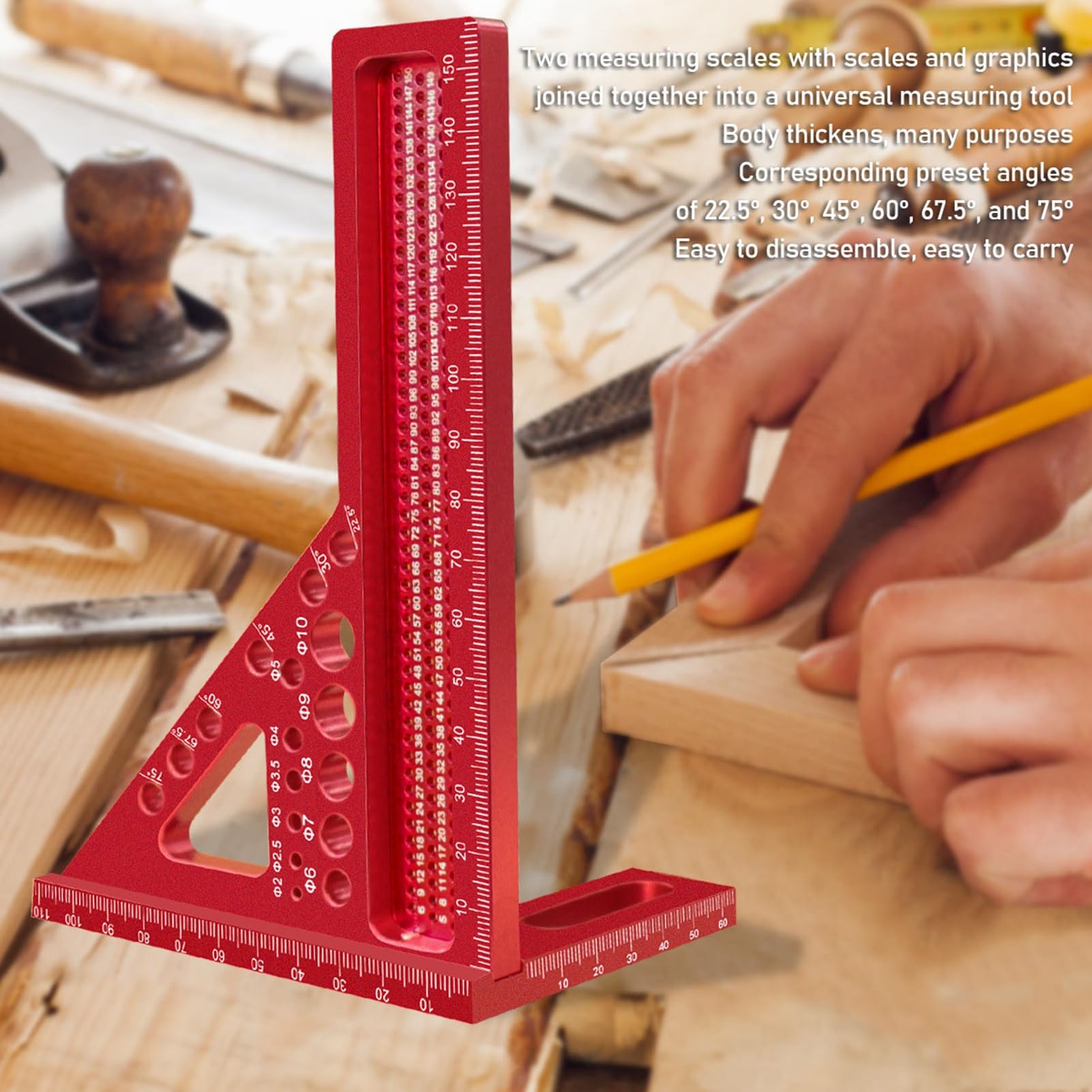 3D Multi Angle Measuring Ruler, Red 22.5 to 90 Degree Woodworking Square Protractor for Engineer Carpenter Crafting Drawing