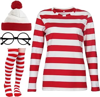 Wheres Waldo Costume Women Men, Red White Striped Halloween Costume, Adult Halloween Costumes