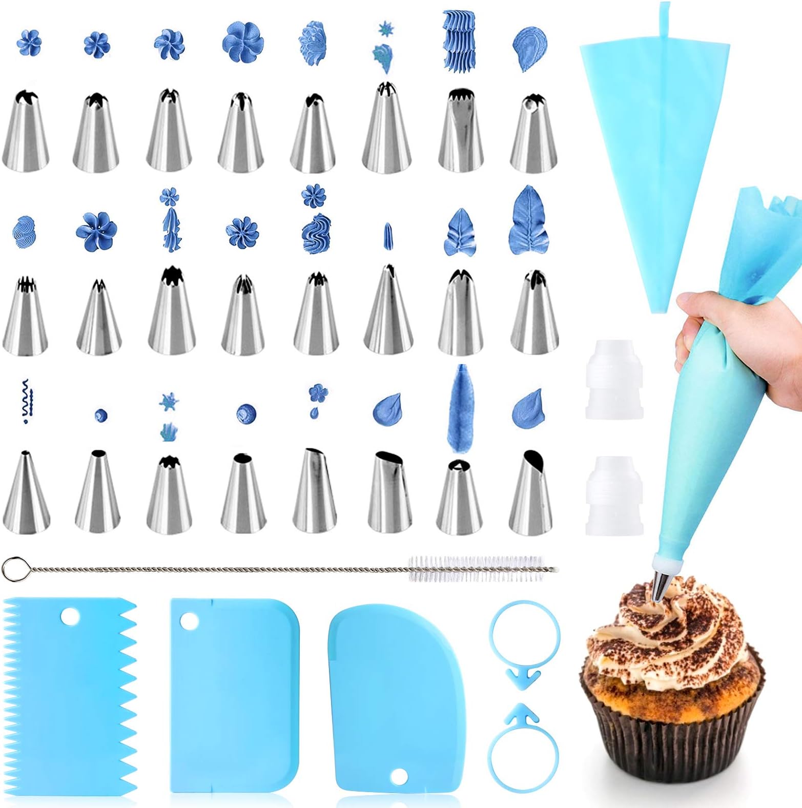34 Pcs Piping Bags and Nozzles Set, Cake Decorating Set with 2 Silicone Icing Piping Bags, 24 Icing Piping Nozzles, 2 Coupler,3 Plastic Scrapers, Reusable Icing Bags and Nozzles