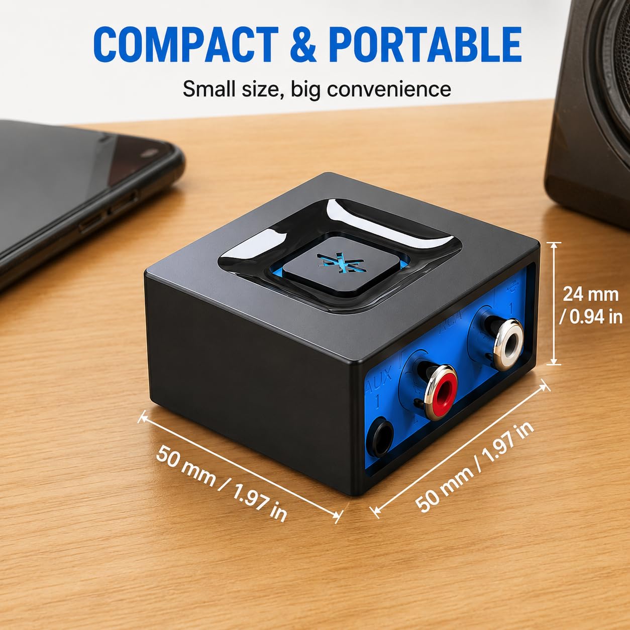 esinkin Receptor de Audio Inalámbrico, Adaptador Bluetooth para PC/Mac/Smartphone/Tablet/Receptores AV/Coche, Salidas 3.5 mm y RCA para Altavoces, Boton de Encendido/Apagado