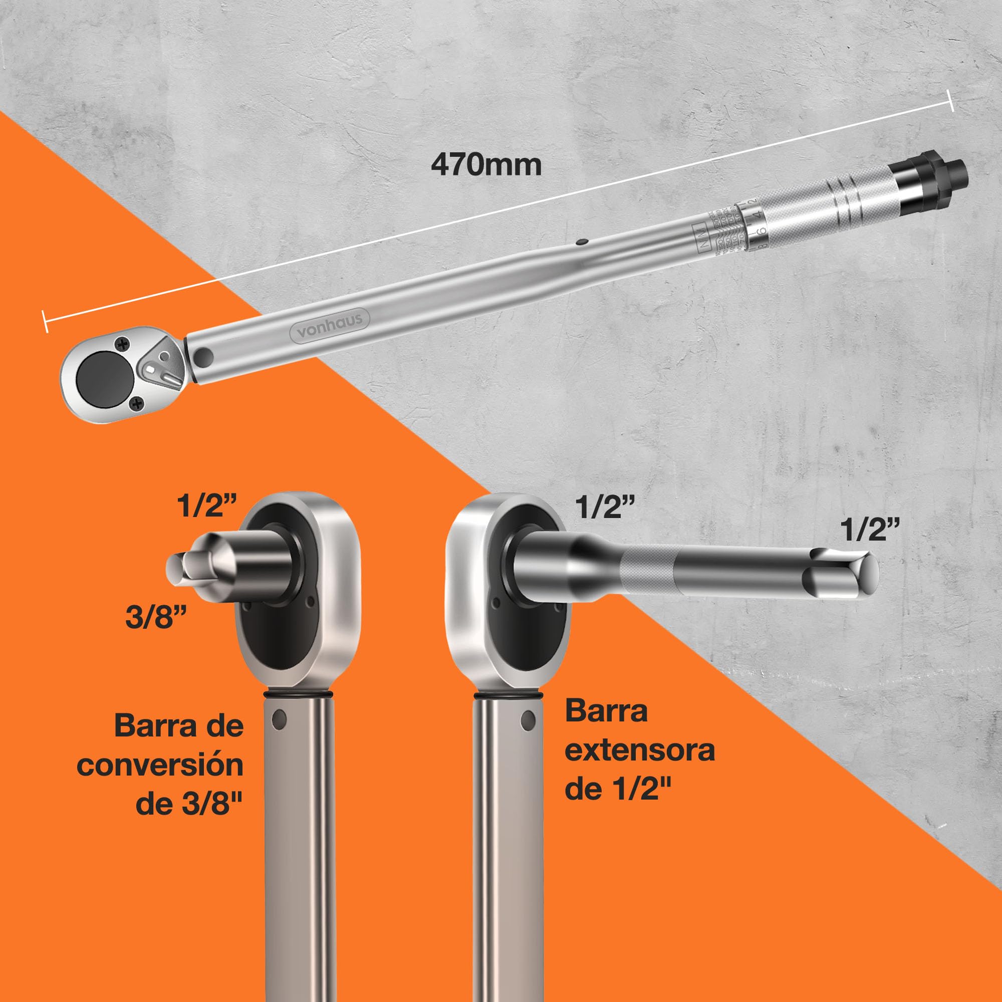 VonHaus Llave Dinamométrica 1/2 – Llave de Carraca 1/2 con Barra de Conversión 3/8 y Barra Extensora – Destornillador de Torque para Coche, Bicis y Reparaciones en General – Trinquete 1/2, 30-210 Nm