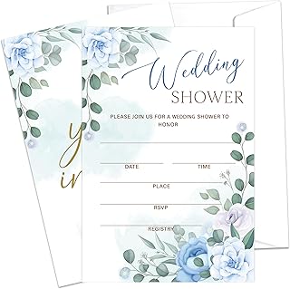 Wedding Shower Invitations With Envelopes, Blue Floral Bridal Shower Invites, Dusty Blue Engagement Party And Reception Supplies, Pack of 25 Fill-in Invitation Cards -05