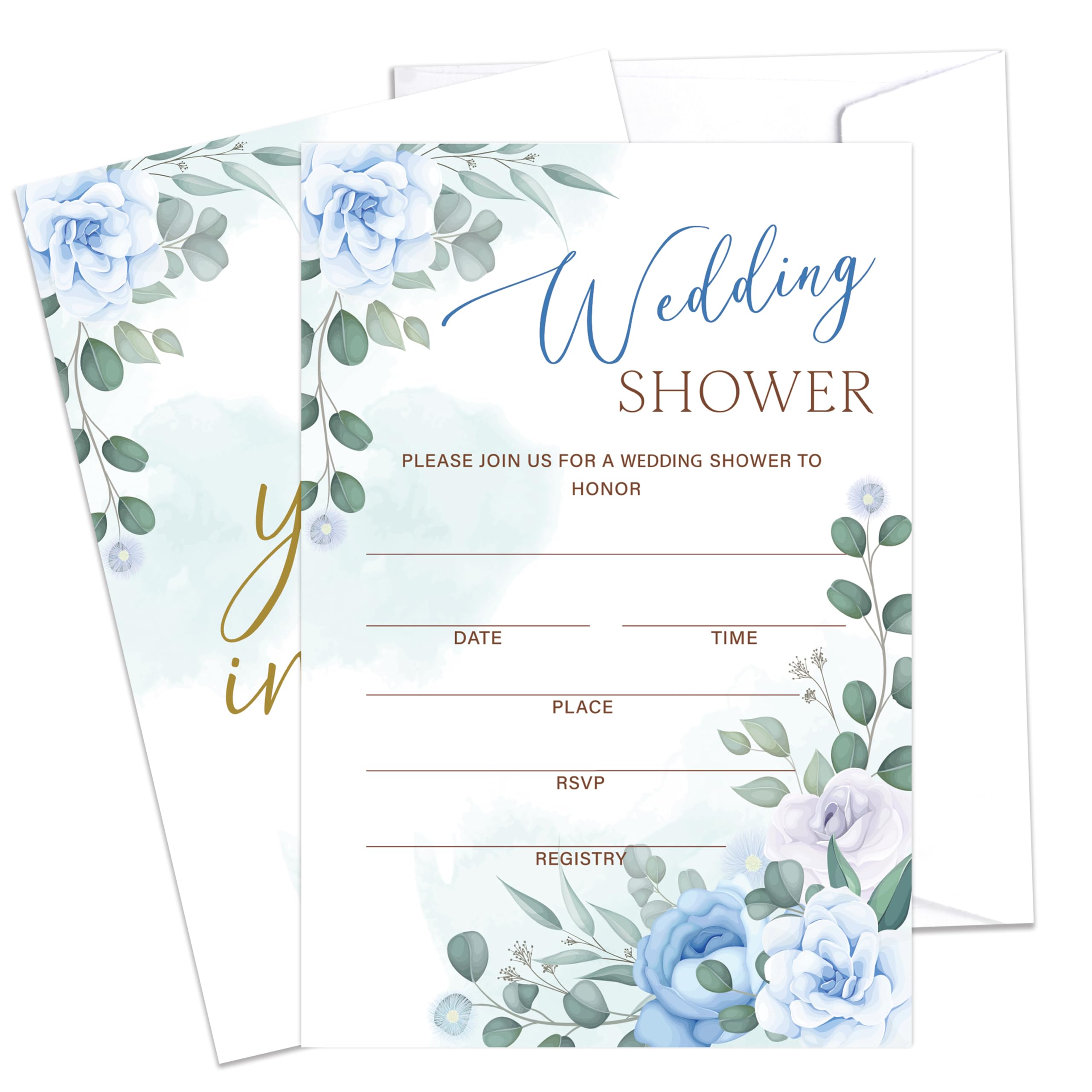 Mueddur Wedding Shower Invitations With Envelopes, Blue Floral Bridal Shower Invites, Dusty Blue Engagement Party And Reception Supplies, Pack of 25