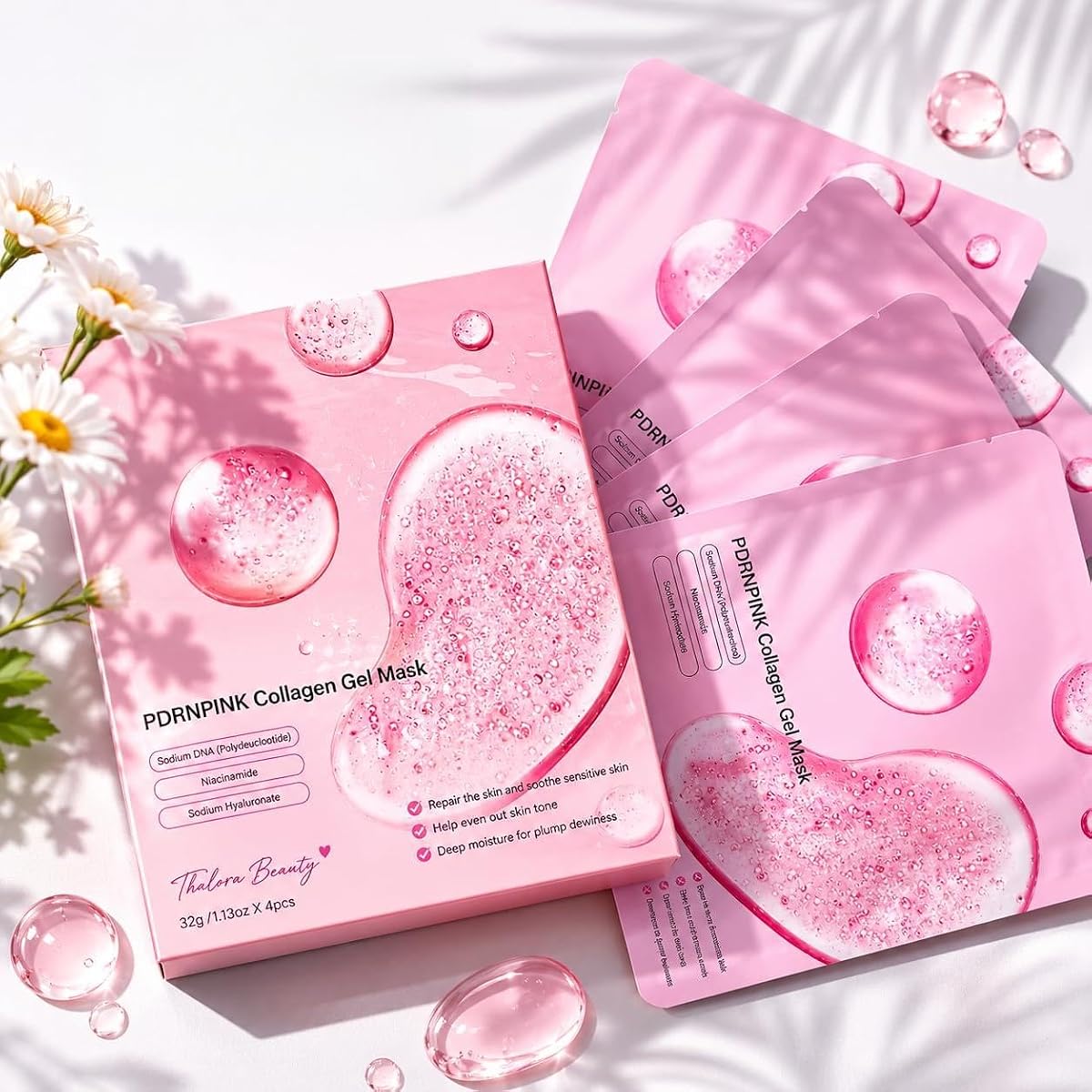 PDRN Face Mask with Salmon DNA, Korean Skincare Inspired Overnight Hydrogel Mask, Collagen, Niacinamide & Hyaluronic Acid, Hydrating Face Mask for Firming, Glow & Mature Skin, 4 Pack