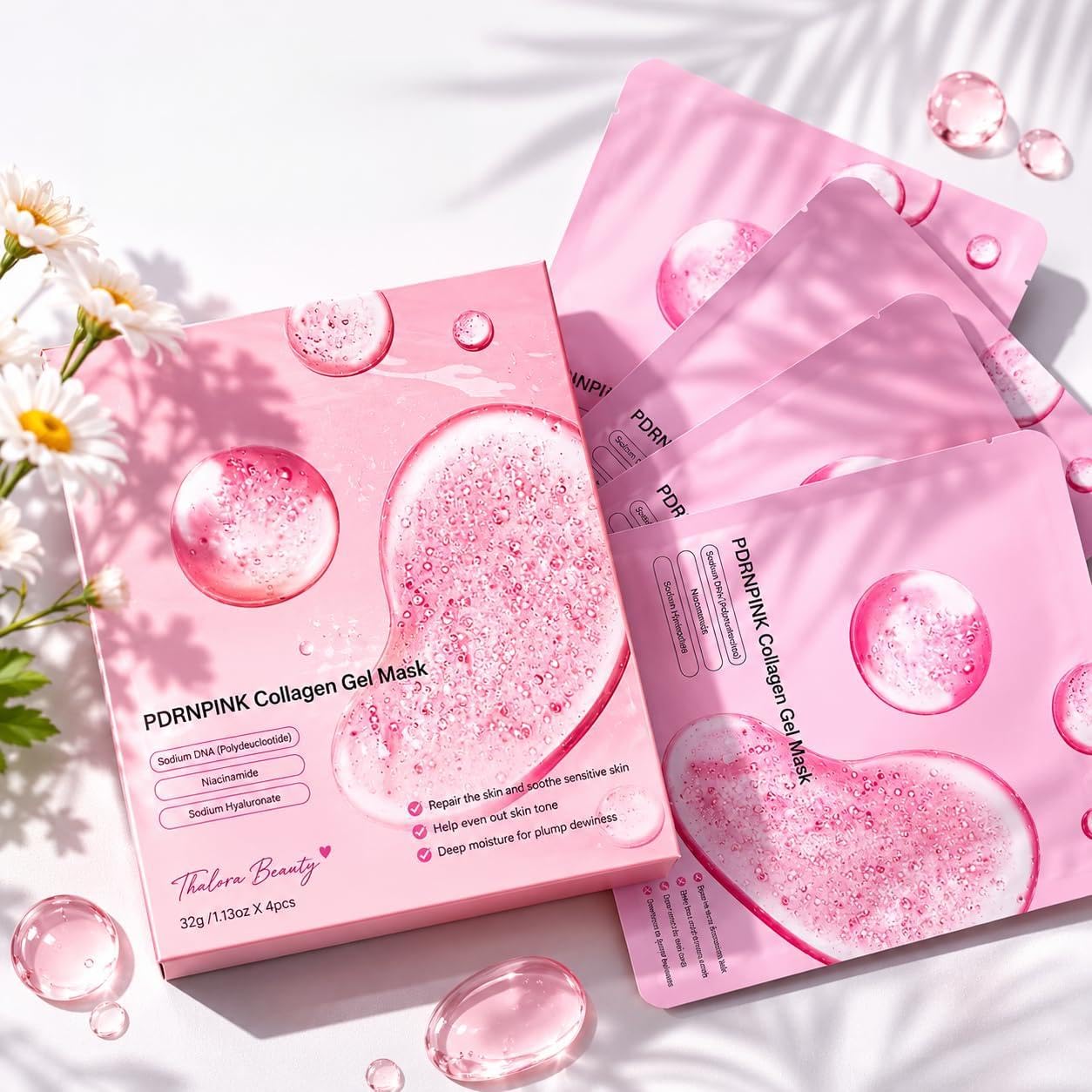 PDRN Face Mask with Salmon DNA, Korean Skincare Inspired Overnight Hydrogel Mask, Collagen, Niacinamide & Hyaluronic Acid, Hydrating Face Mask for Firming, Glow & Mature Skin, 4 Pack