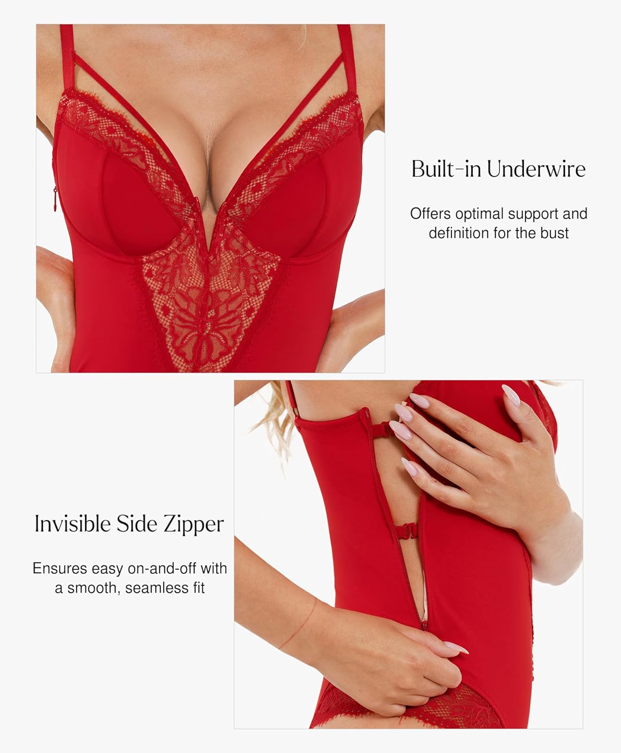 Popilush Lace Bodysuits for Women Corset Shapewear Tummy Control Body Suits V Neck Thong Underwired Outfits Side Zipper - Image 2