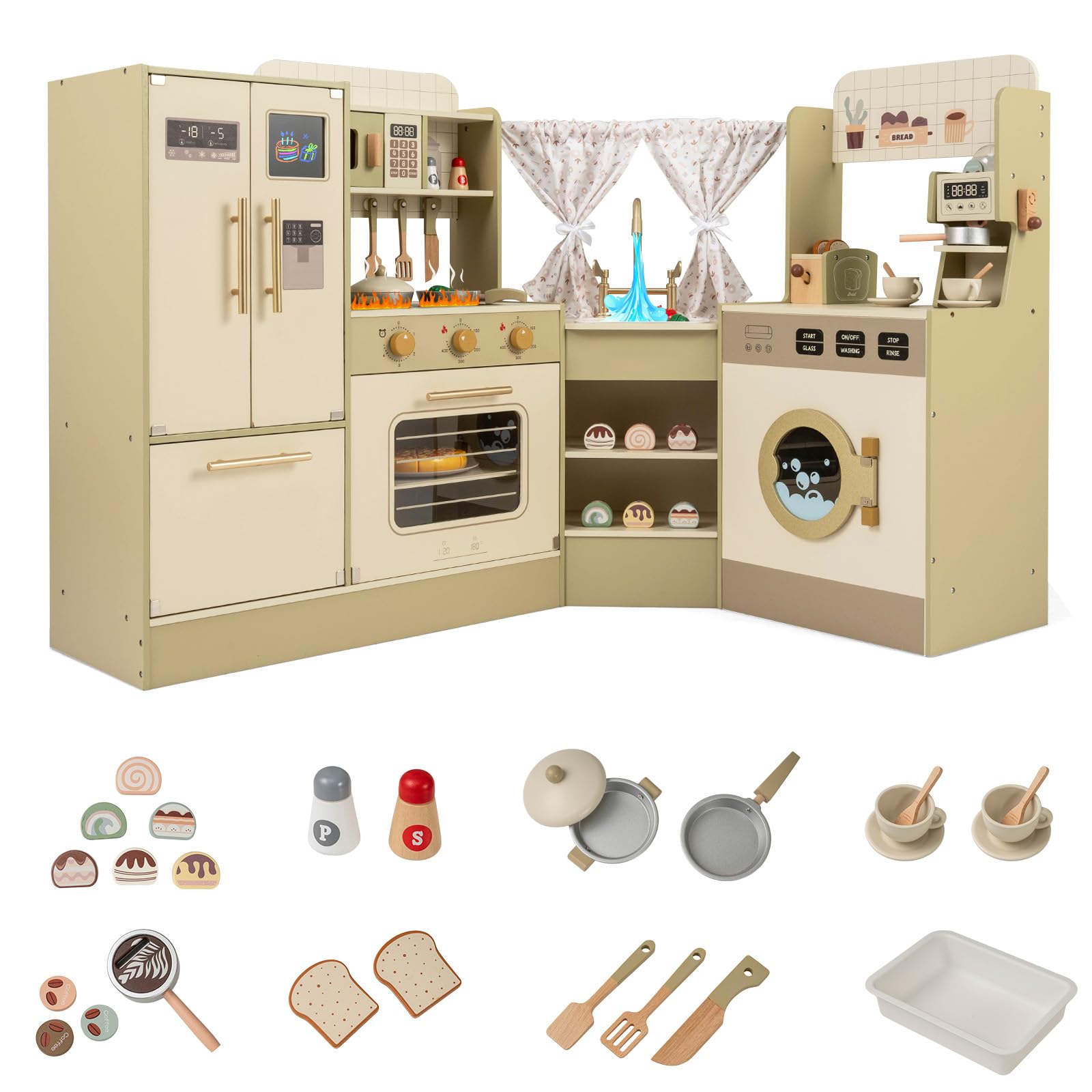 COSTWAY Kinderküche, Eck Spielküche mit Herd, Kühlschrank, Geschirrspüler, Kaffeemaschine, Mikrowelle & Toaster, Spielzeugküche mit 21 Zubehörteilen, Holzküche für Kinder ab 3 Jahren