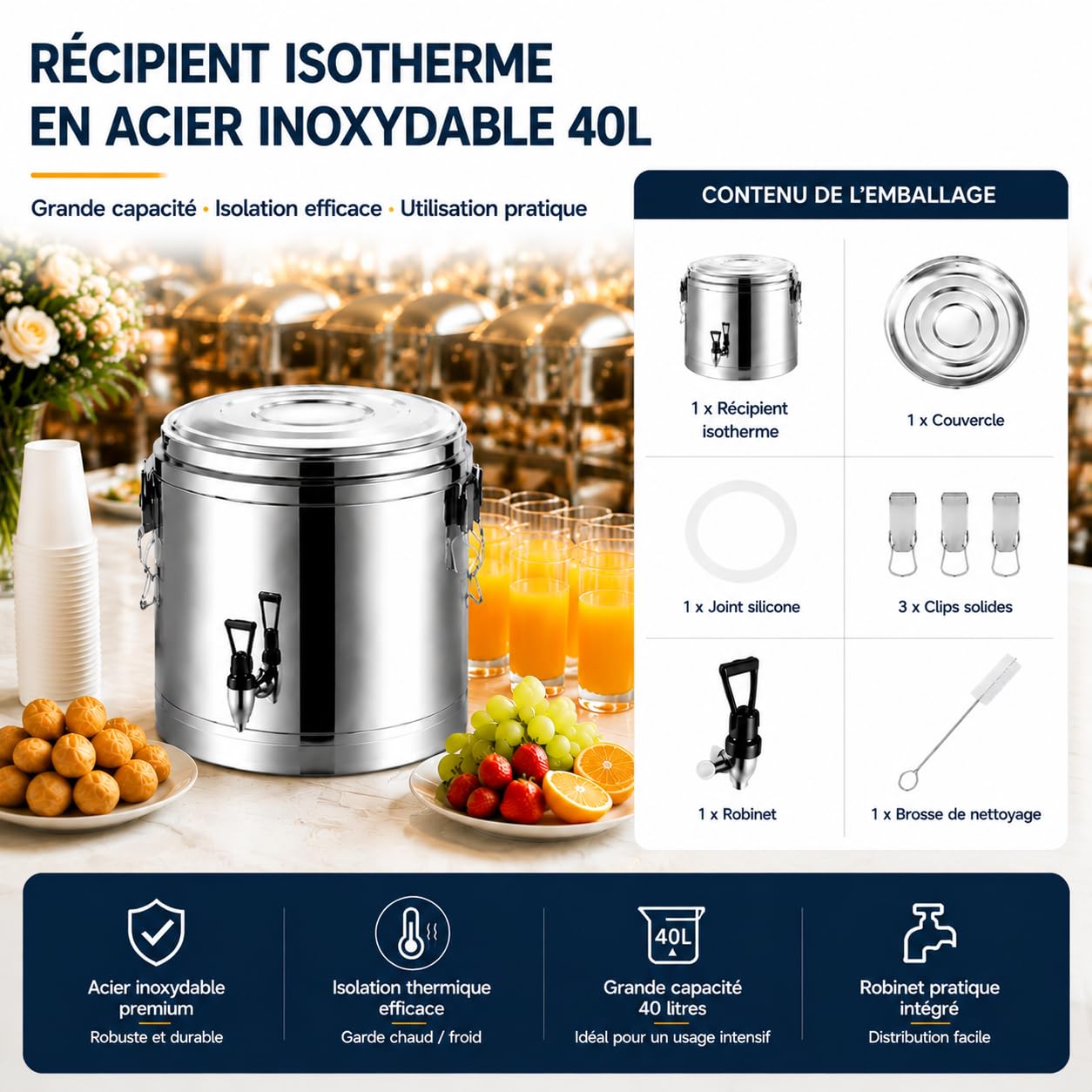 Contenitore termico per acqua in acciaio inox, 40 l, con rubinetto, in acciaio inox 201, isolamento da 18,5 mm, superficie lucidata, ideale per zuppe, stufati, tè e bevande calde