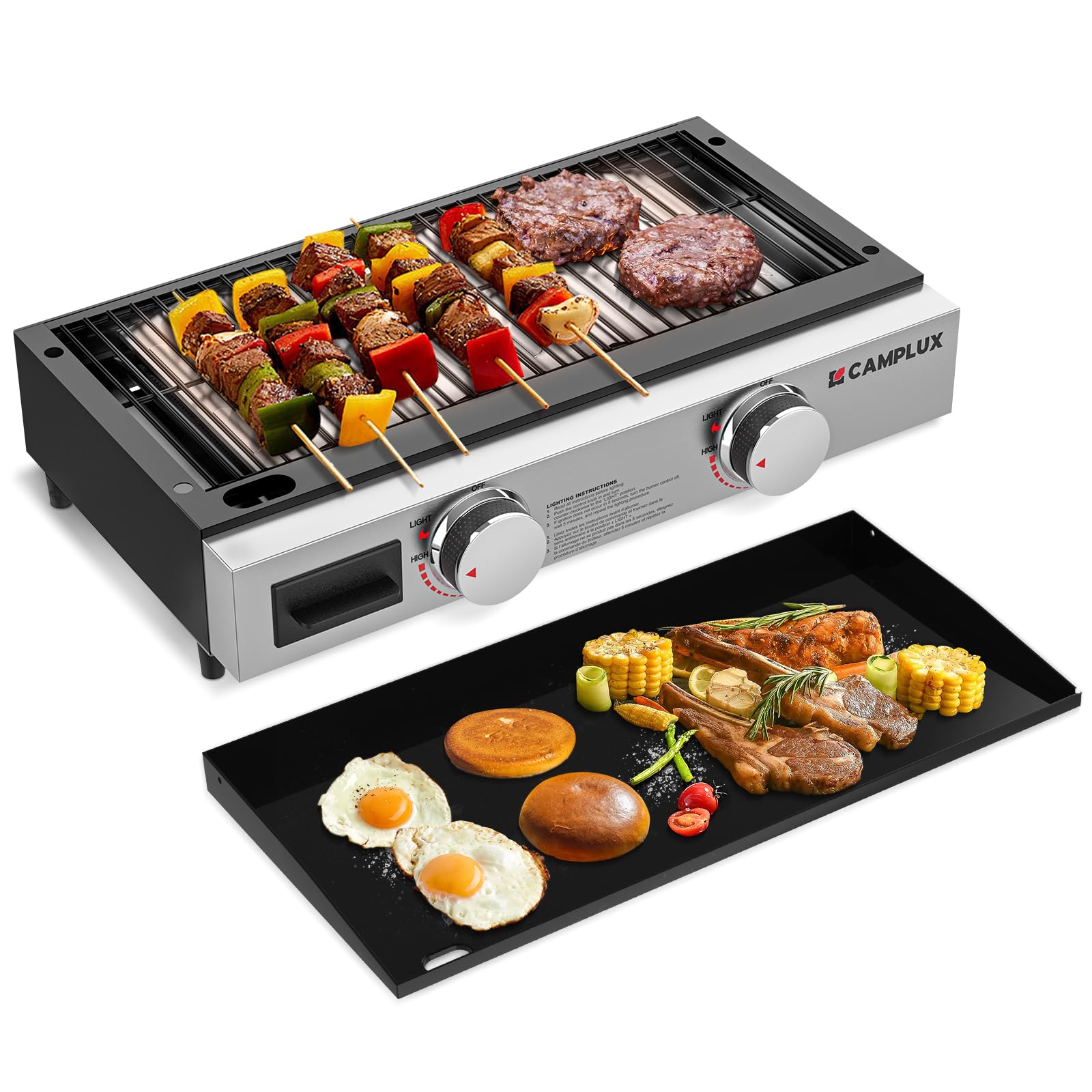 CAMPLUX GG302S propane tabletop grill griddle 2-in-1 with ceramic-coated griddle plate