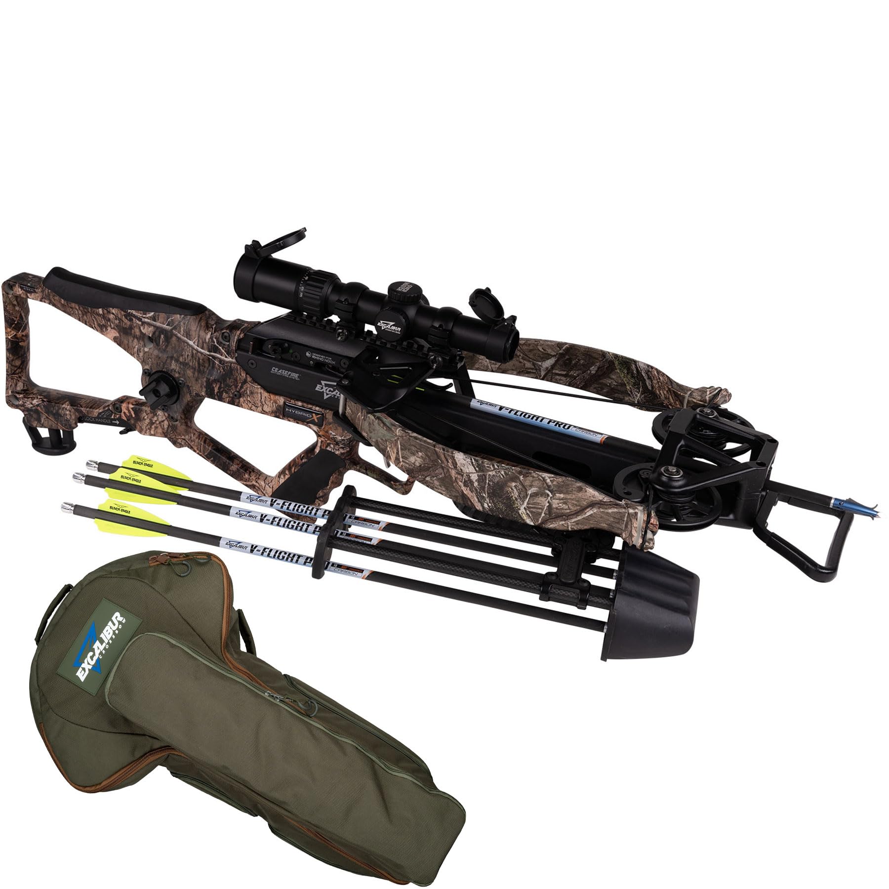 EXCALIBUR Hybrid X Accurate High-Output CeaseFire Archery Hunting Crossbow - Overwatch Scope w/Rings, 4 Arrows with 100Gr & 150Gr Field Points, Rebolt Quiver Included | with Case