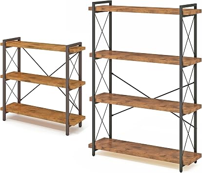 HCHQHS Bookshelf, 3/4-Tier Open Bookcase,Rustic Book Shelf, Industrial Wood and Metal Bookshelves for Home Office, Bedroom, Kitchen, Bath Room, Mid Century Horizontal Storage Rack