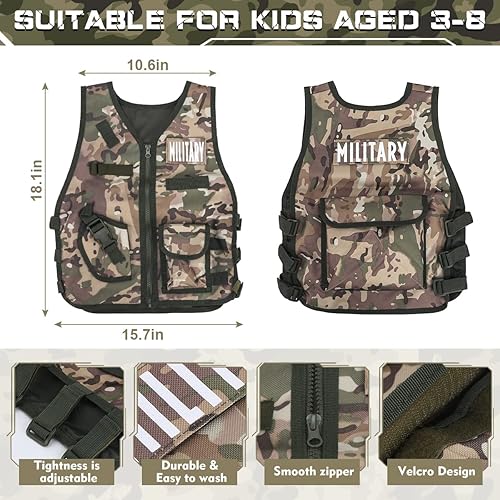 Miniatura 7 de Disfraz del ejército para niños, 17 piezas, juego de rol de soldado militar, infantes de marina de combate para Halloween con chaleco de camuflaje,