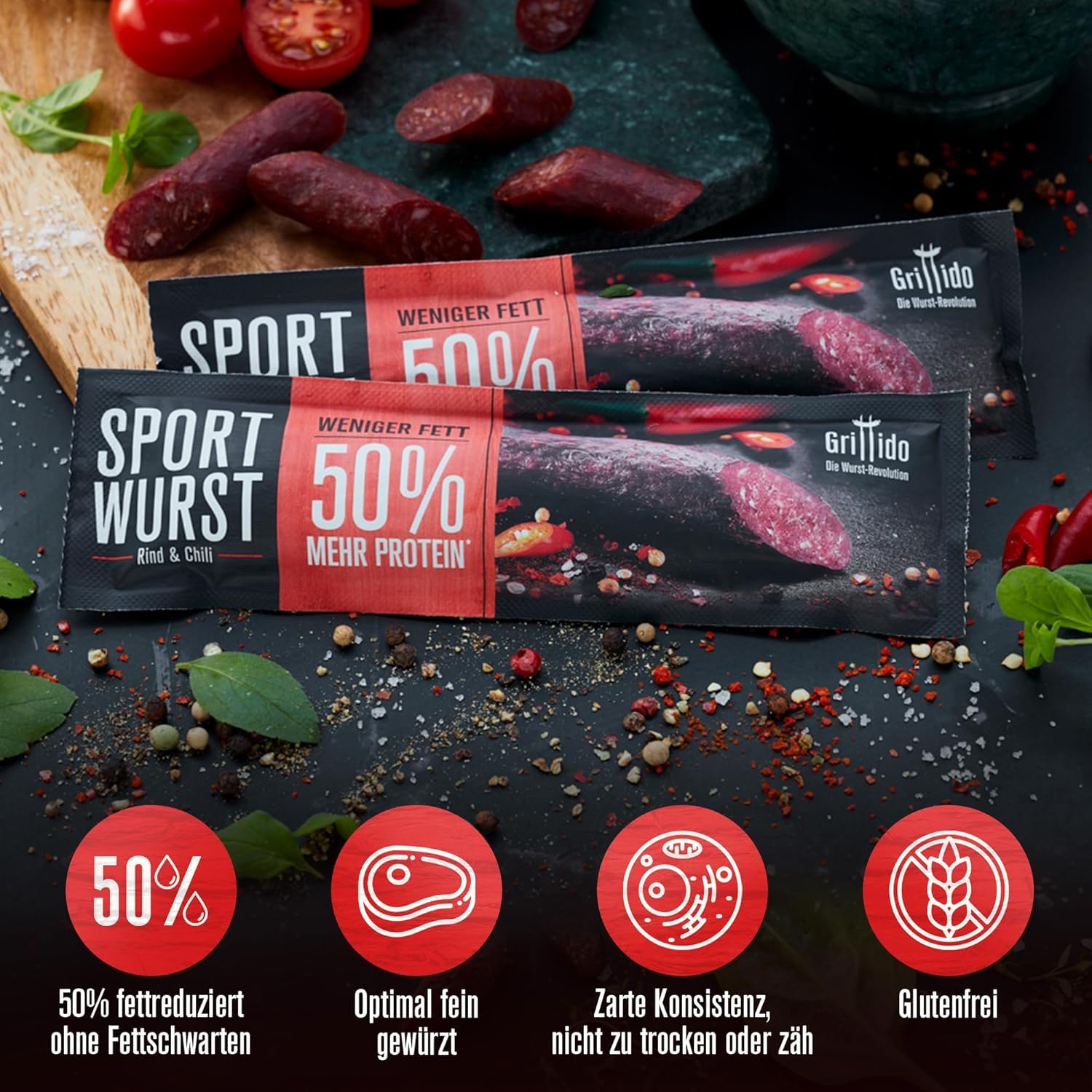 Grillido Sportwurst Rind & Chili 25x20g (500g) aus Österreich – Proteinreicher Fleischsnack mit 39% Eiweiß, ohne Zucker, ohne Schweinefleisch – Herzhafte Alternative zu Beef Jerky & Proteinriegel