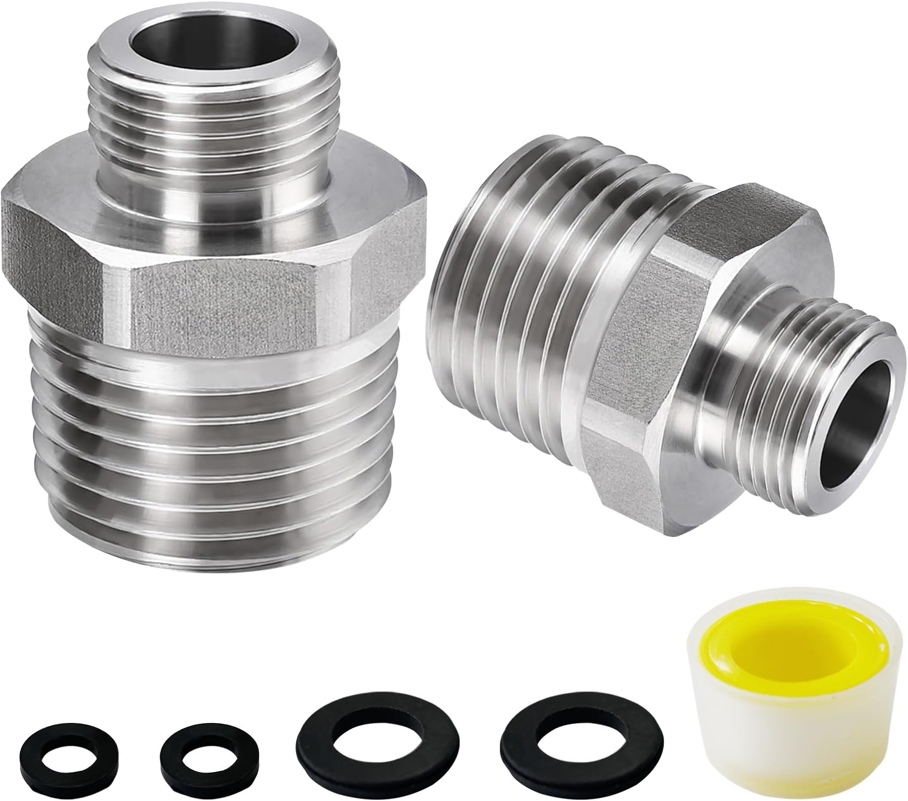 1/2 to 3/8 Reducer Faucet Adapter, 304 Stainless Steel 3/8 Male to 1/2 Male Compression Fittings for Water Supply Fitting for RV Kitchen Piping, Water Hose Pipe Connector with Rubber Washer(2 Pack)