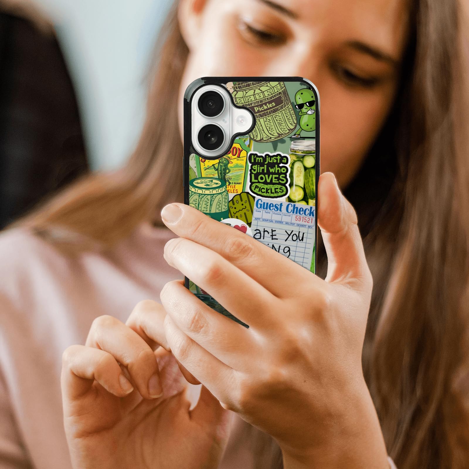 Trendy Pickle Collage Aesthetic Phone Case Compatible with iPhone 16 6.1 Inch - Shockproof Protective Cute Cartoon Print Case, Preppy Green Cucumber Phone Case Designed for Women Men Girls