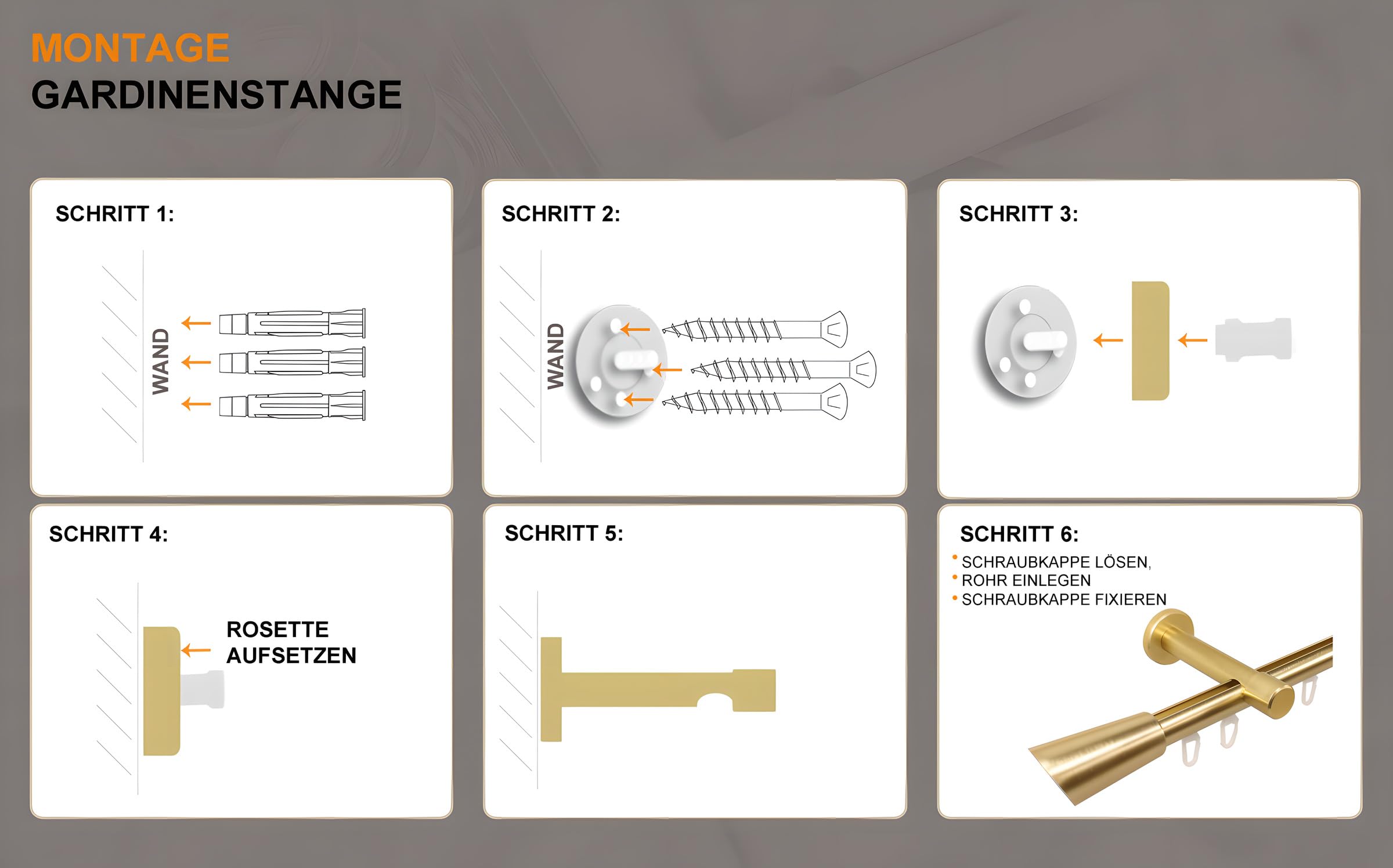 iso-design Innenlauf Vorhangstange mit 20 mm Durchmesser Set inklusive Wandhaltern, Gardinenstange 1-läufig Farbe Messing matt, Endstück Digo, 200 cm