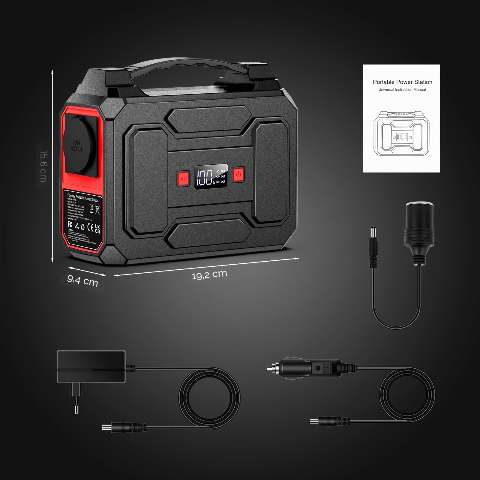 Powkey Estación de energía portátil 99 Wh/27000 mAh, 100 W, generador solar con salida de 230 V CA, QC 3.0, 18 W, USB/tipo C, para camping, autocaravanas con enchufe