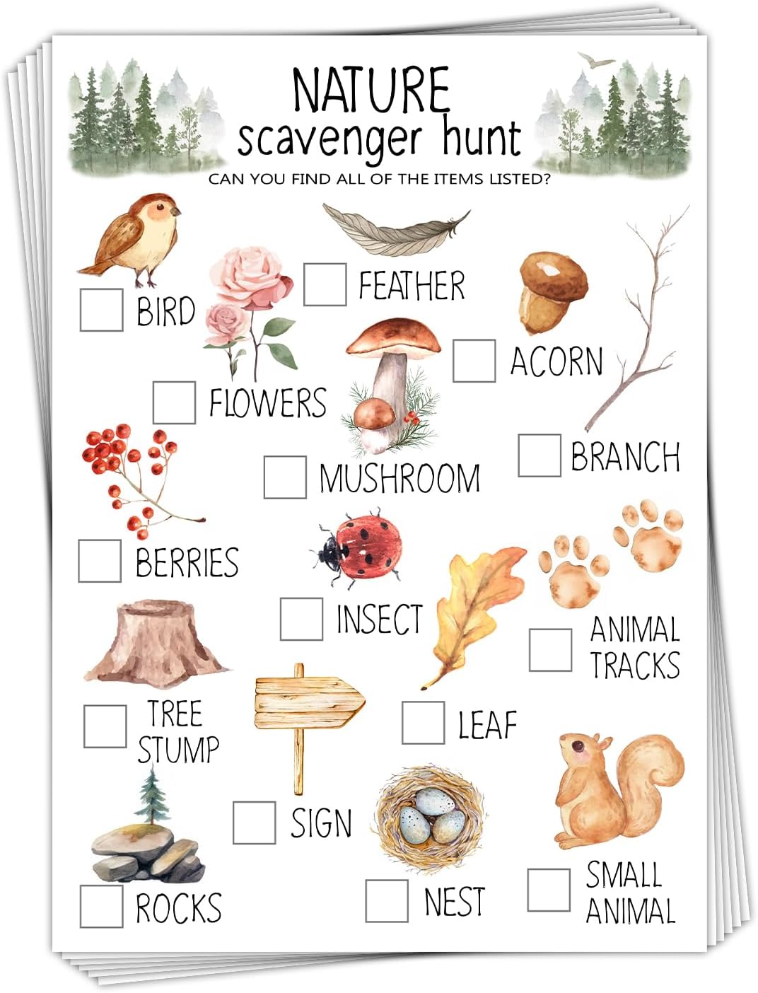 30 Pcs Nature Scavenger Hunt Cards, Find and Seek Camping Sheets, Woodland Themed Holiday Party Game Outdoor Activity for Family Friend -01