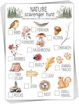 30 Pcs Nature Scavenger Hunt Cards, Find and Seek Camping Sheets, Woodland Themed Holiday Party Game Outdoor Activity for Family Friend -01