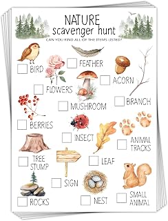 30 Pcs Nature Scavenger Hunt Cards, Find and Seek Camping Sheets, Woodland Themed Holiday Party Game Outdoor Activity for Family Friend -01