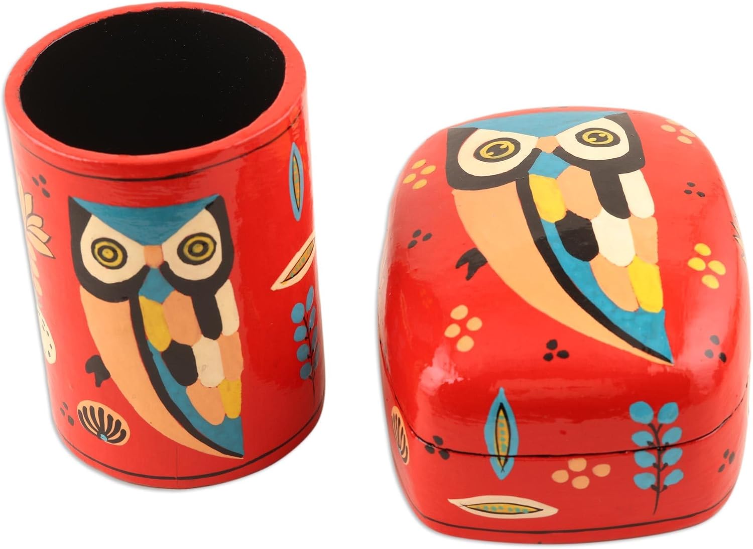 NOVICA Multicolor Red Papier Mache Wood Animal Themed Office Accessories from India 'Owl Story in Red'